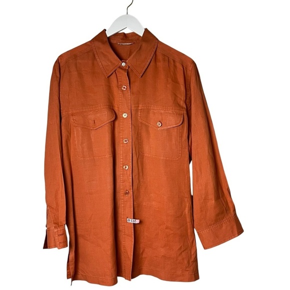 Linen Button Down Womens Tunic Top Lagenlook Boho Minimalist Size XL Orange - Picture 1 of 8